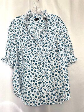 Ann Taylor Blue Floral Ruffle Collar Blouse Feminine Workwear Button Down XL
